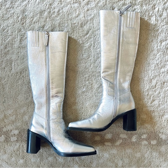 Anthropologie Caverley Oscar Metallic Silver Leather Slim Calf Tall Boot Size 39 - Picture 5 of 16